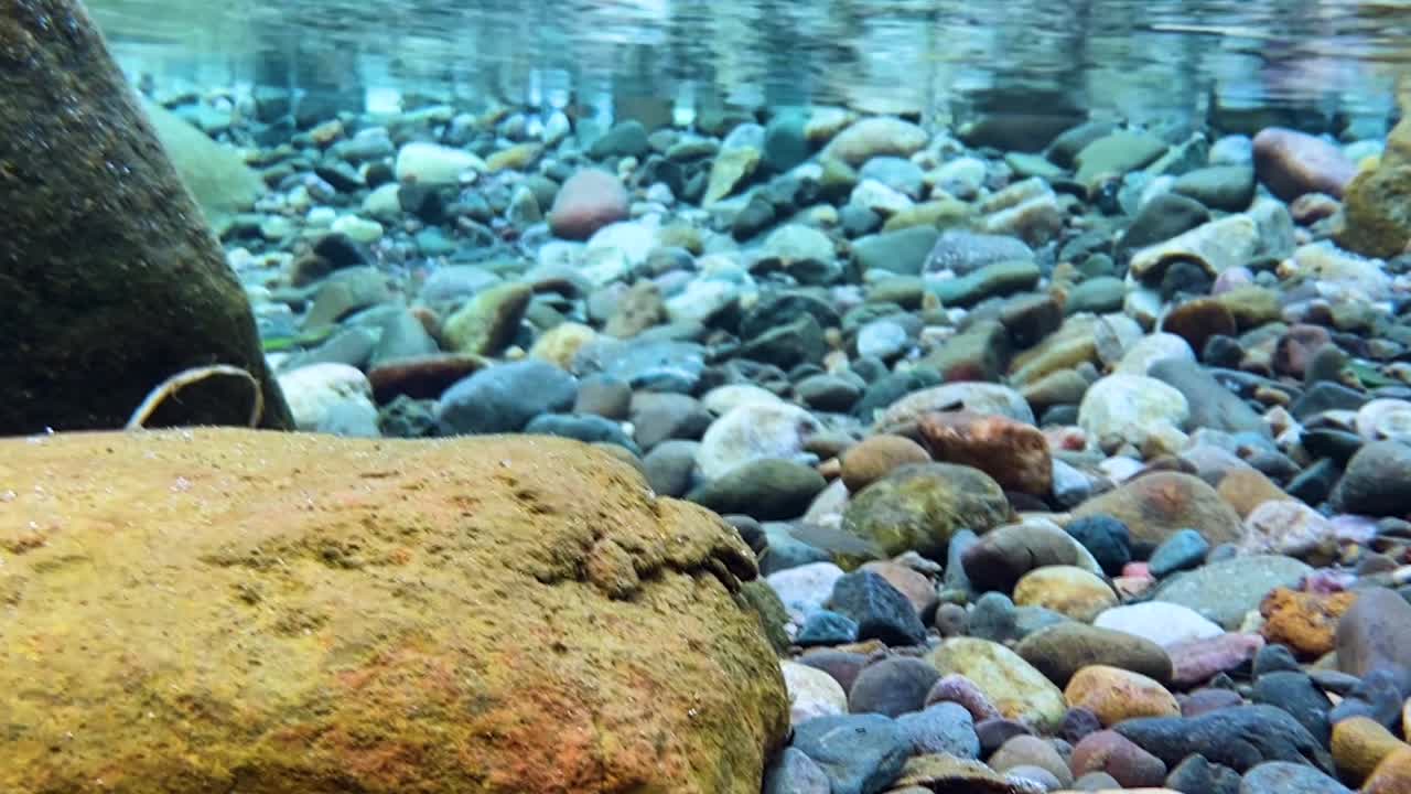Vista subacquea nel fiume Piyain a Bichanakandi: acqua limpida su ciottoli e massi colorati, riflessi scintillanti della superficie sotto le colline Khasi vicino al confine tra Bangladesh e India