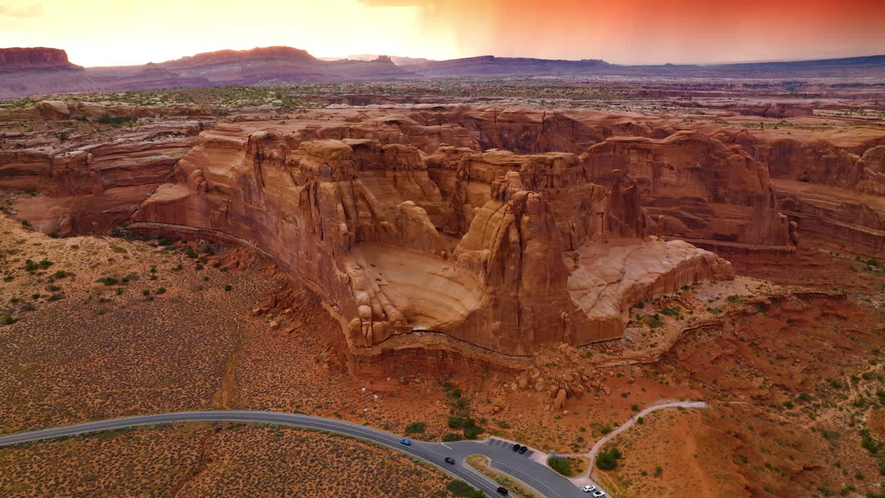 Approaching the amazing rocks of Zion Canyon in national park of Utah, USA. Huge territory of canyon stretching up to pink skies. Top view.