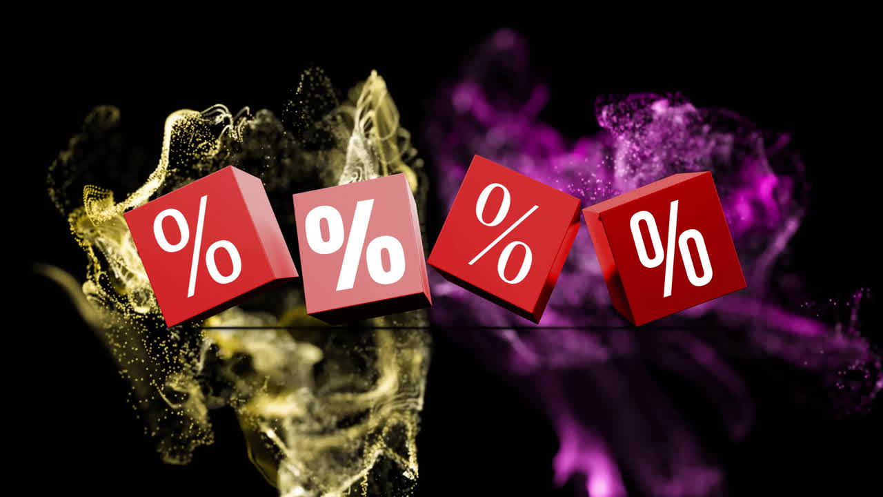 animación del símbolo de porcentaje en cubos 3d sobre patrones de ondas dinámicas contra un fondo negro