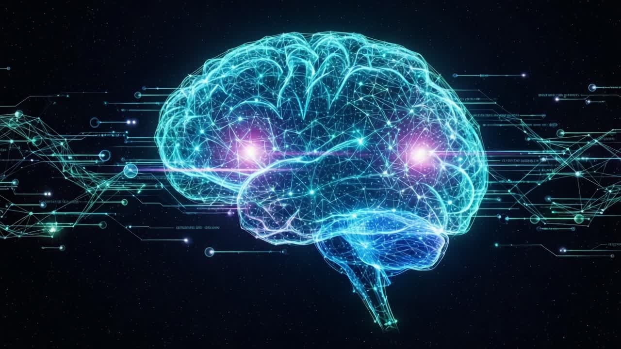 A Stunning Visualization of a Neural Network Representing the Complexity and Connectivity of the Human Brain Enhanced by Futuristic Digital Effects