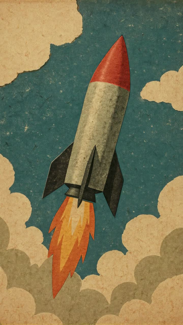 Vintage-style illustration of a rocket launching into the sky, viewed from below