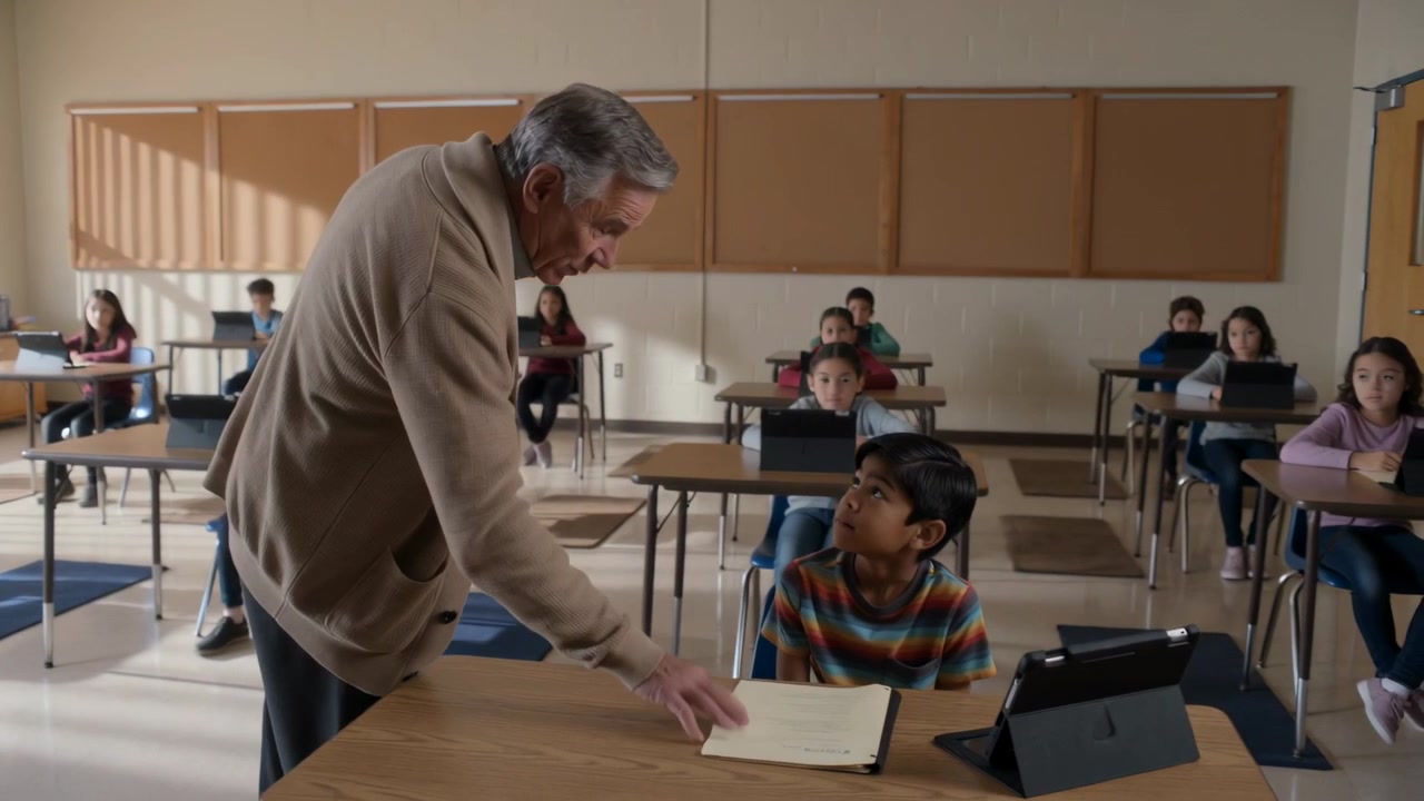 Entering teacher walking between desks in classroom wearing tan sweater, helping boy with tablet
