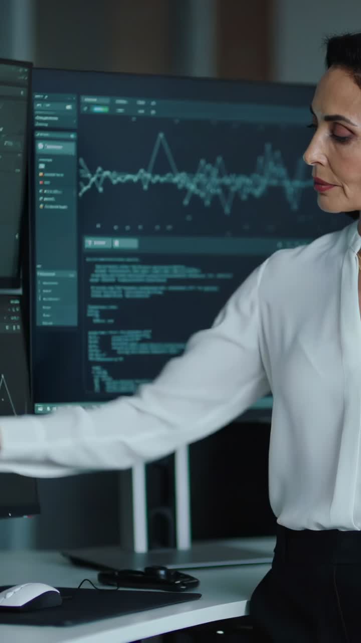 Vertical video: Reaching woman white top mousing viewing graph or code on screens at desk, copy spac