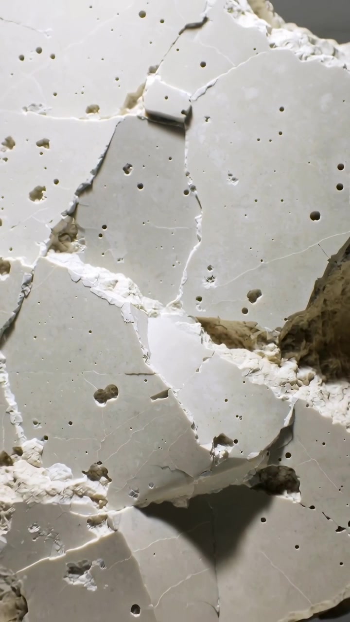 Video verticale: La telecamera si allontana rivelando un pezzo di gesso su un banco da lavoro per mostrare la clip e i pori.