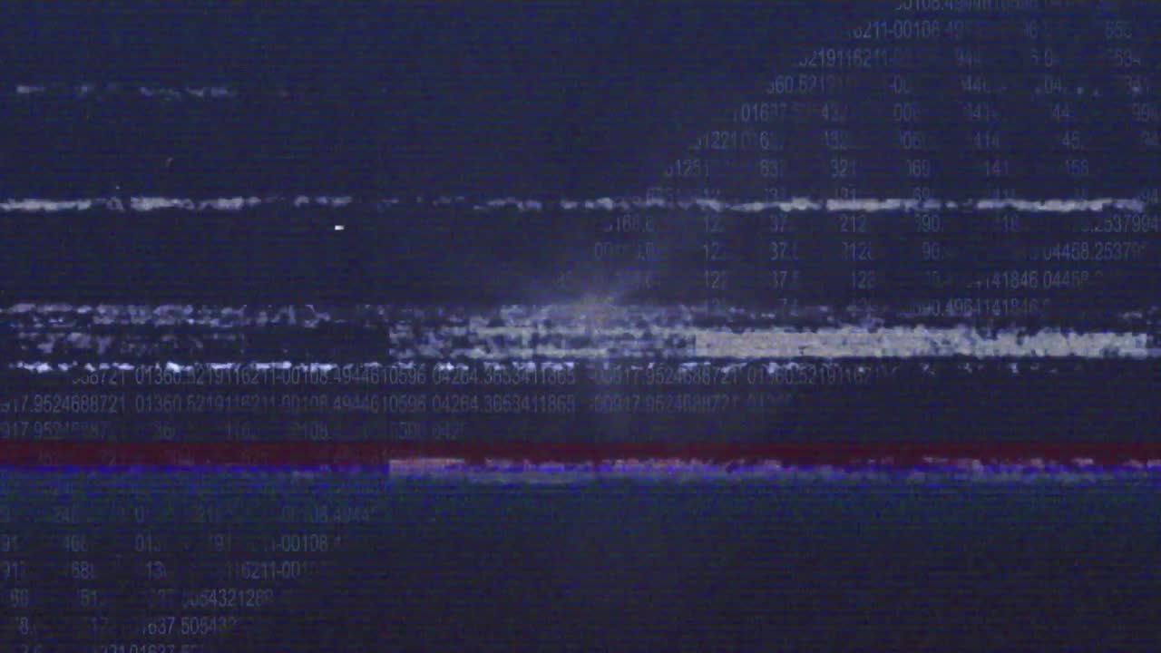 Dark bluish screen initiating shifting grey static bands and colored stripes showing glitch effect