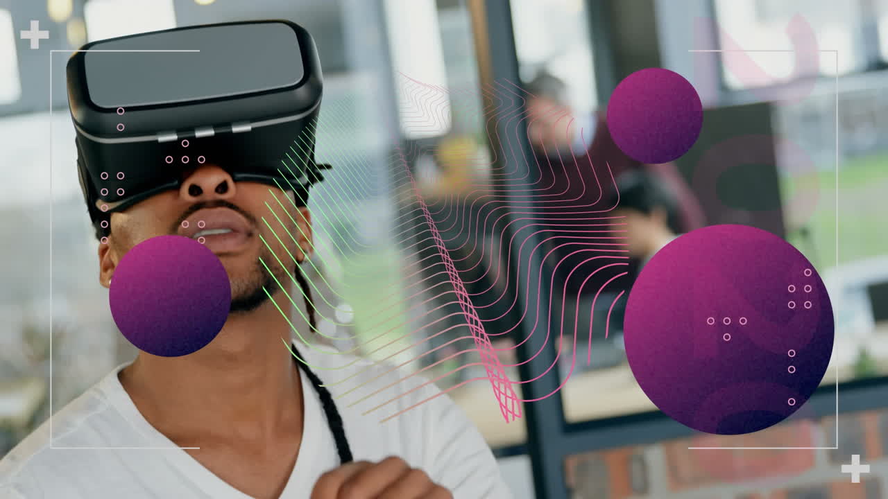 Animazione di forme e punti su uomo d'affari afroamericano che usa visore VR