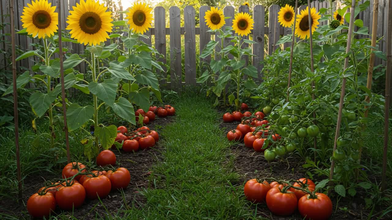 Vibrant Garden Scene Showcasing Sunflowers and Ripe Tomatoes Bathed in Warm, Golden Light, Highlighting Nature’s Bounty and the Beauty of Home Gardening