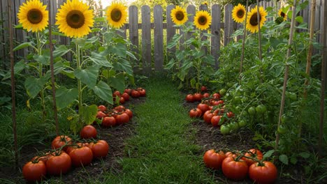 vibrant garden scene showcasing sunflowers and ripe tomatoes bathed in warm, golden light, highlighting nature’s bounty and the beauty of home gardening
