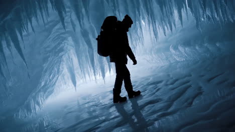 silhouette of an explorer in an ice cave