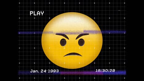 digitale animation von vhs-glitch-effekt über wütende gesichts-emoji gegen schwarzen hintergrund