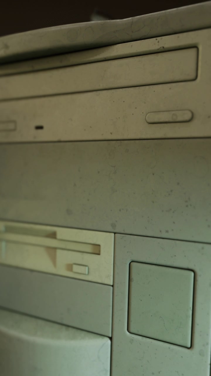 Old computer hardware on a desk in a room with low light at home