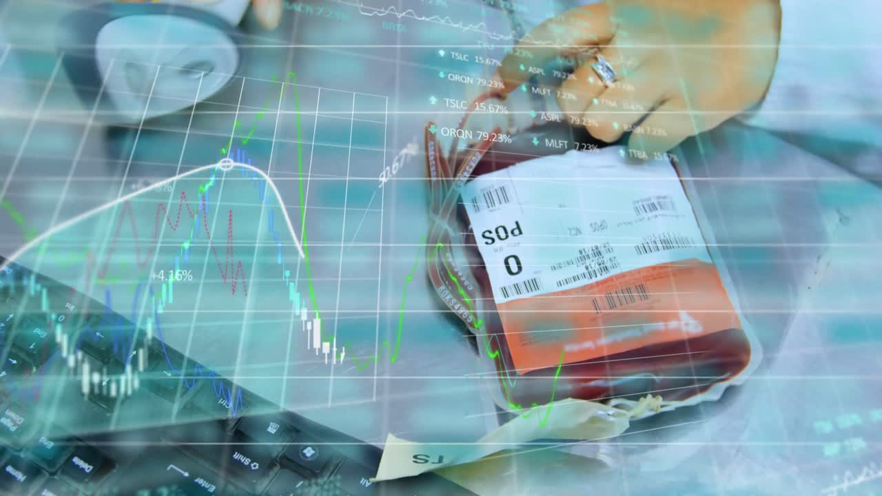 표류 다이어그램과 데이터 처리의 애니메이션 백인 의사 스캐닝 혈액 봉투