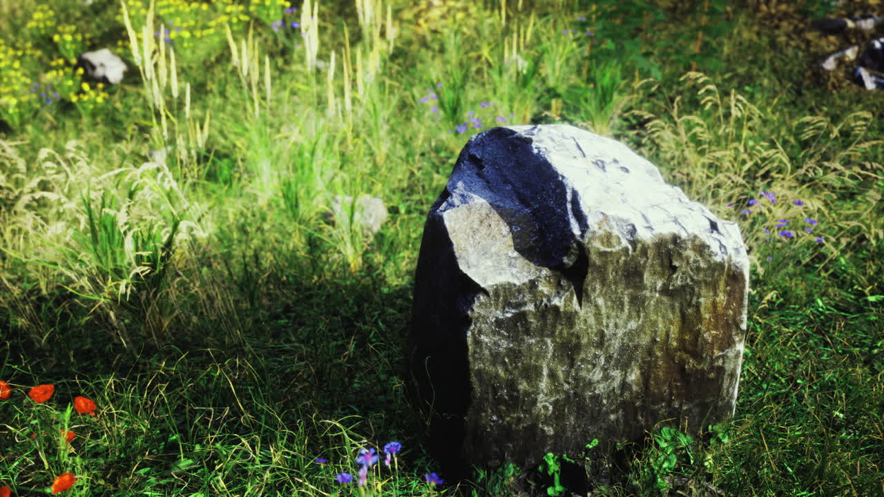 Natural stone boulder surrounded by vibrant grass and wildflowers in sunlight
