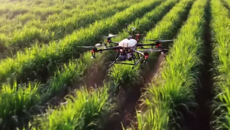 agricultural drone operating in a green sugarcane field, showcasing modern farming techniques and precision agriculture for enhanced crop management