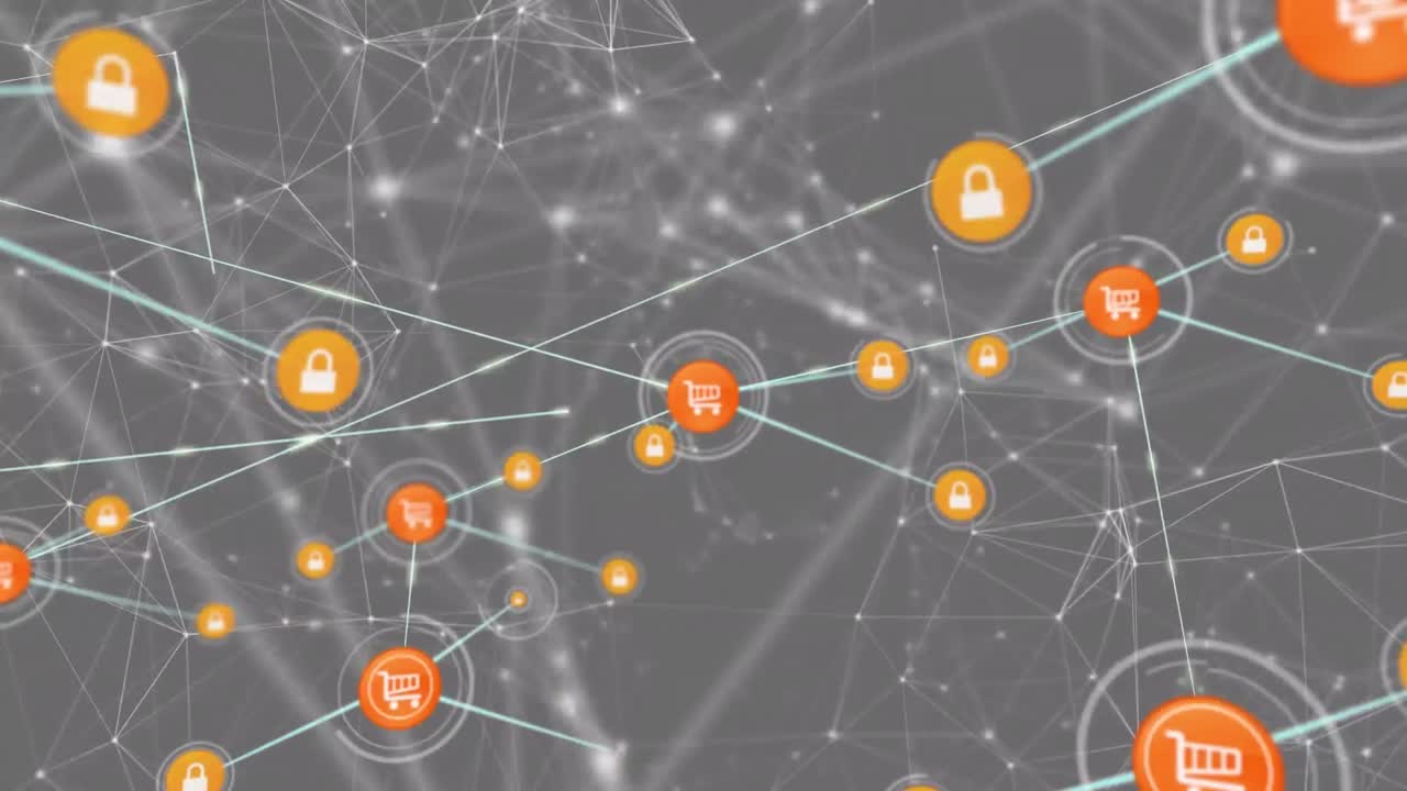 회색 배경에 연결 네트워크와 디지털 아이콘의 애니메이션