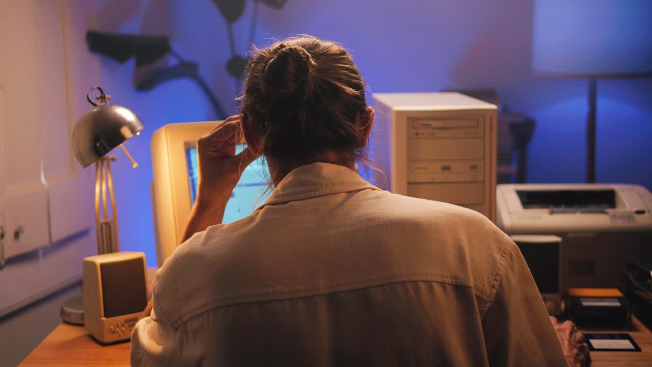 Man working and gaming on retro computer PC, IT engineer with vintage computer at home, using old fashion technology, close up of retro setup.