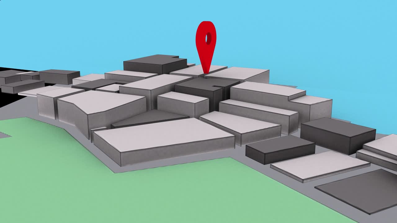 pin de coordenadas del satélite gps girando en un entorno de ciudad simulado en 3d