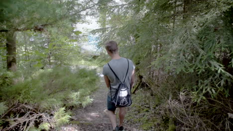 man walking in a forest on a small path in slow-motion