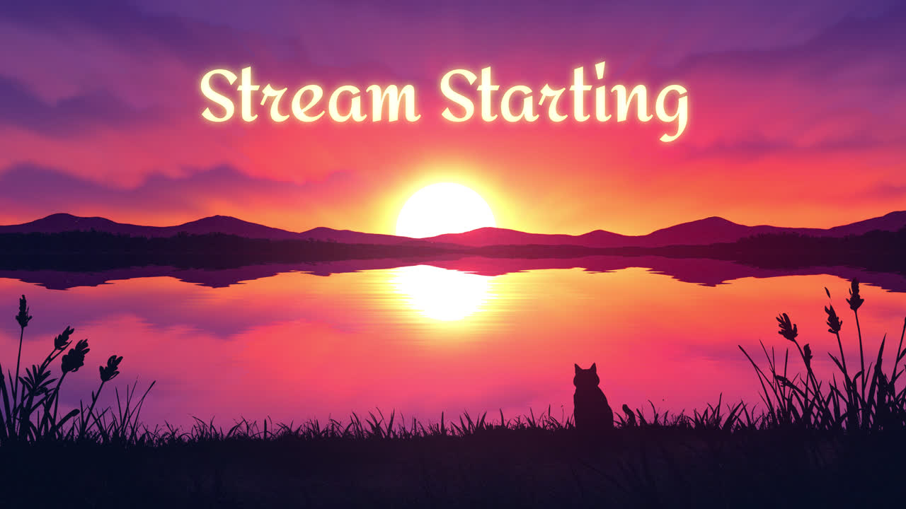 Stream Starting Sunset Landscape with Cat Silhouette