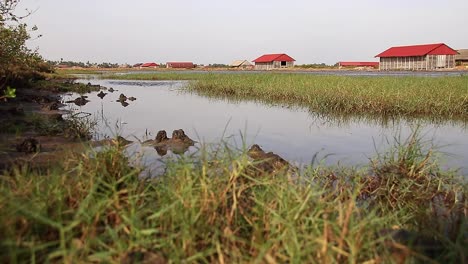 Wide-view-of-the-salt-storage-house-beyond-the-serene-wetlands-in-Kampot-Cambodia-during-the-monsoon-rainy-season,-candid-genuine-moments-of-rural-life