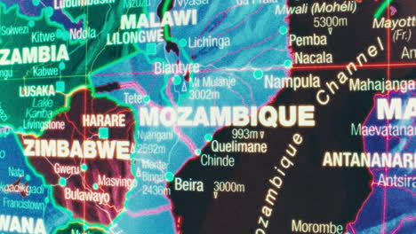 close-up of a detailed map of southern african countries