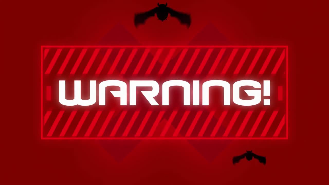 Animation of bats flying with warning text in frame on red background