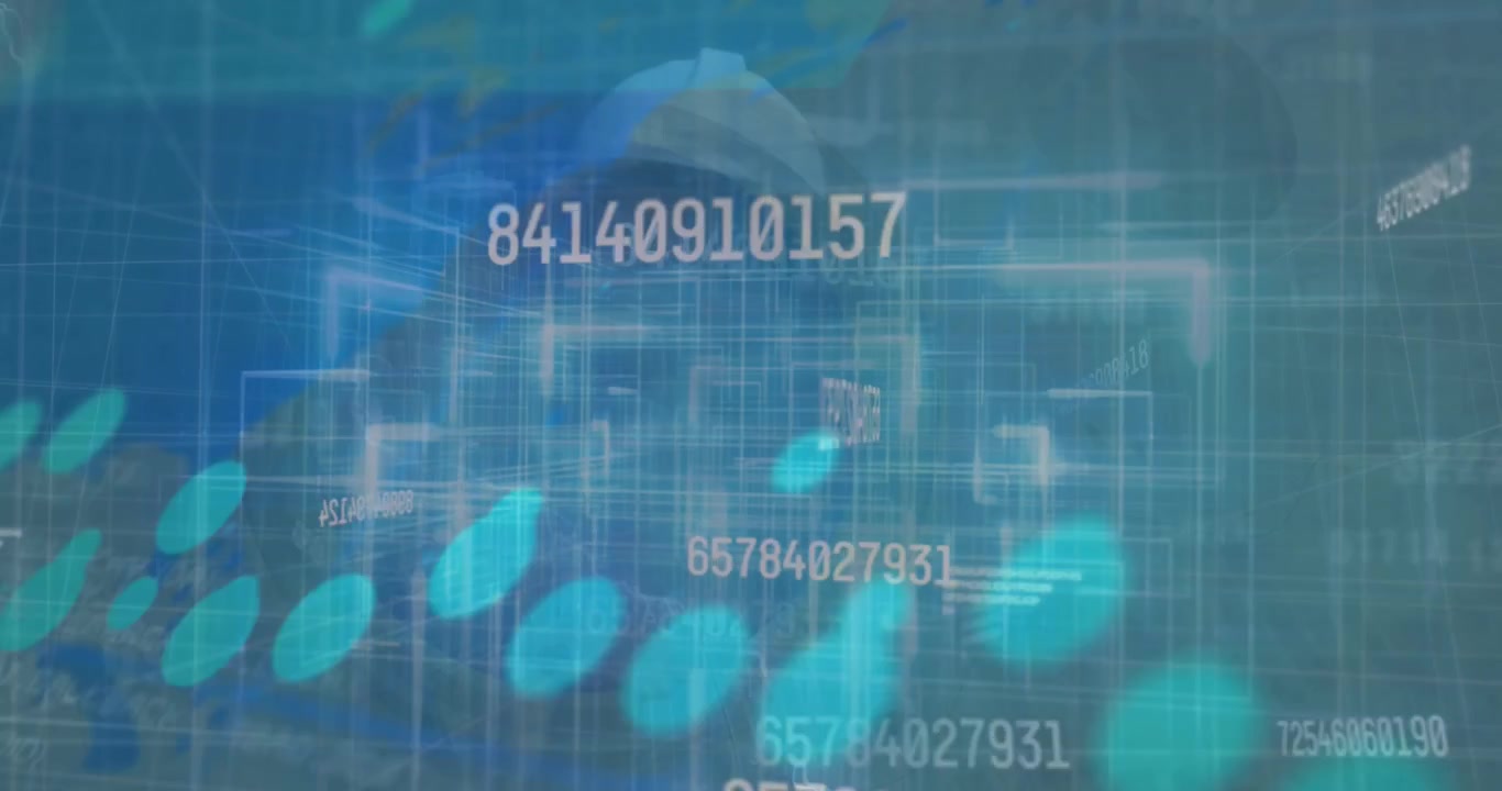 Animation of numbers changing and data processing over glowing light over grid on purple background