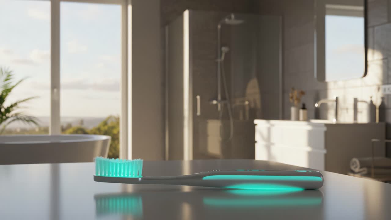 Modern Toothbrush in Bright Bathroom Setting: A Sleek Design with Innovative Features, Perfect for Daily Oral Care and Hygiene, Enhanced by Natural Light Streaming In