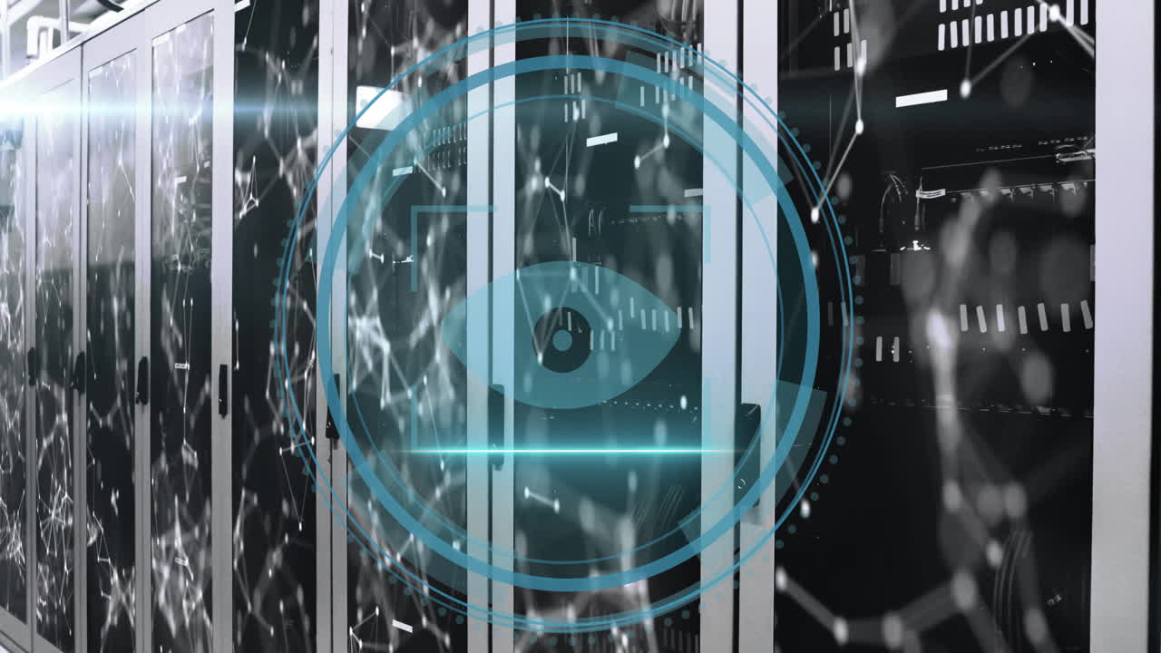 Animation of search eye icon and data processing over computer servers