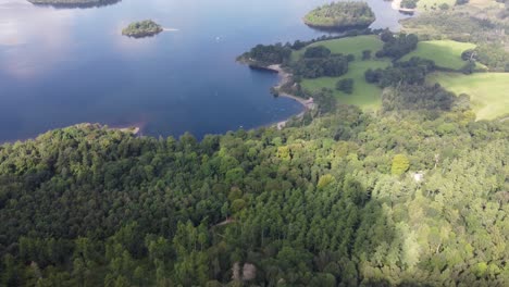 Agua-Derwent,-Distrito-De-Los-Lagos,-Dron-De-Inglaterra-Revelan-Sobre-árboles-Del-Bosque-4k