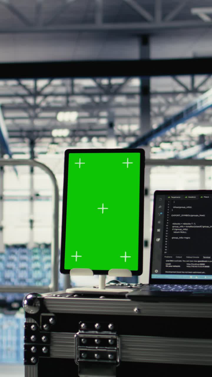 Vertical Video Green Screen Tablet In Server Room With Machine Learning Technology