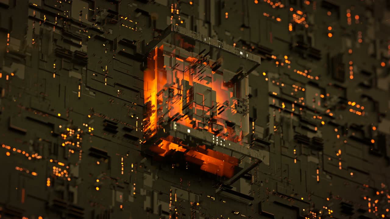 Futuristic orange CPU seamless loop 3D render animation