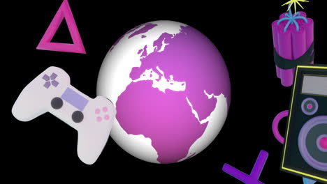 animación de iconos de juegos y globo sobre fondo negro