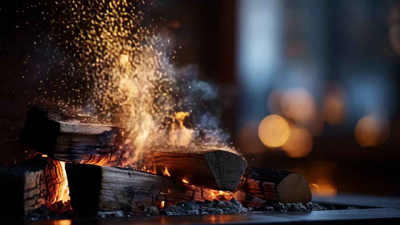 Captivating Sparkling Firewood Flames: A Mesmerizing Display of Flickering Embers and Dancing Sparks in a Warm, Cozy Ambiance Perfect for Relaxation and Gathering Around the Hearth
