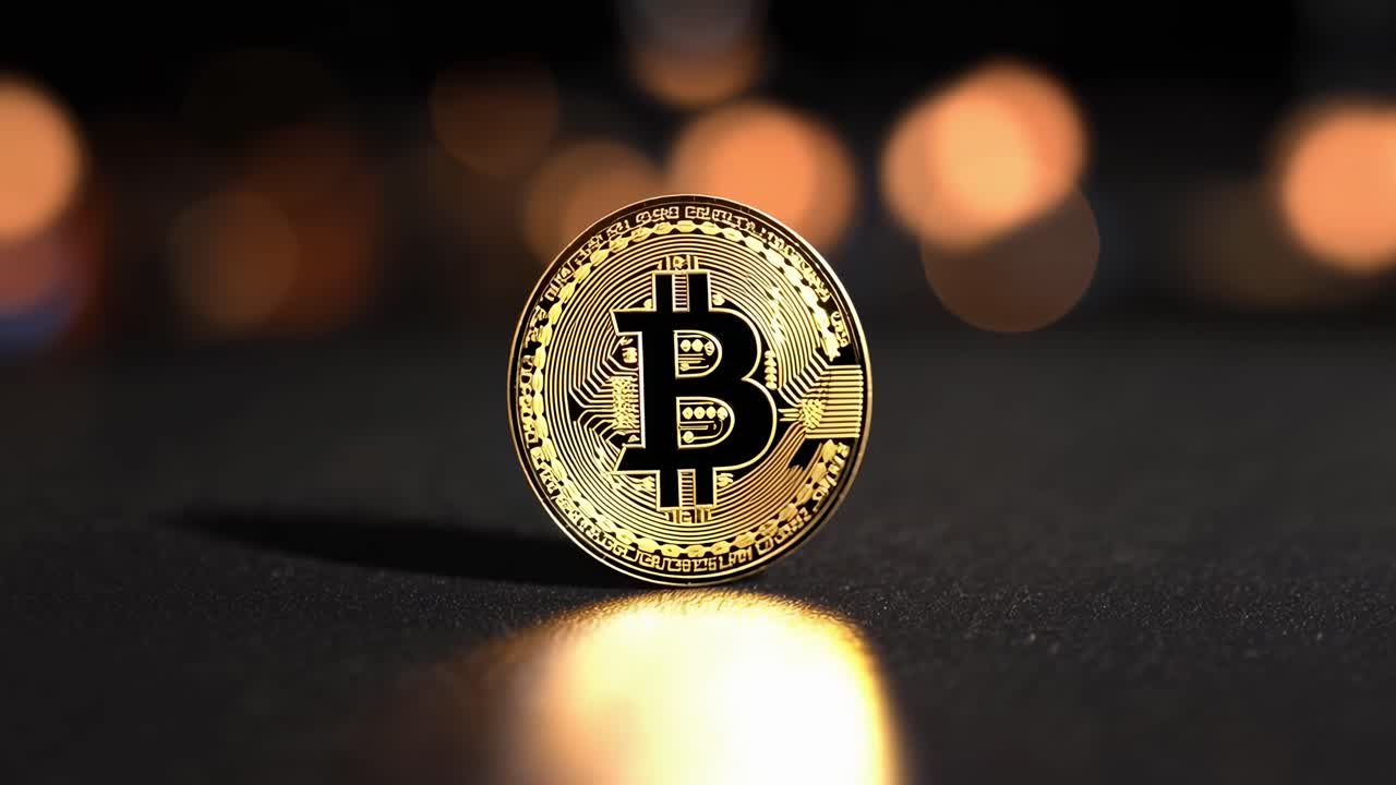 Vídeo em close-up de uma moeda Bitcoin em uma superfície texturizada, com um fundo bokeh.