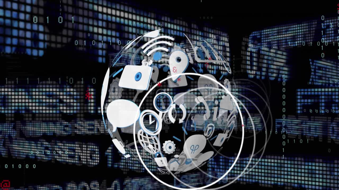 animación de círculos e iconos en el globo sobre el tablero de negociación contra un fondo negro.