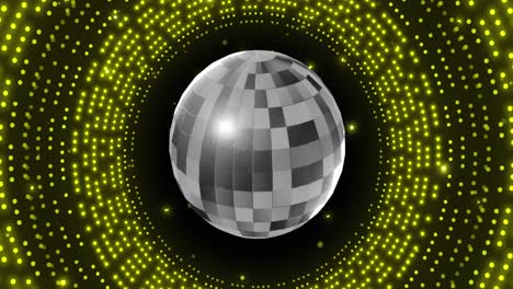 animation of retro disco mirror ball and glowing green light on black background