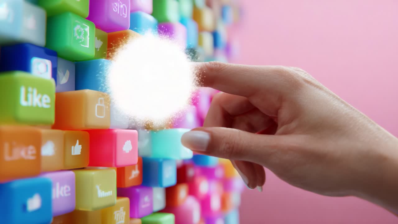 A Close-Up of a Hand Interacting with Colorful Digital Icons on a Wall of Social Media Buttons, Symbolizing Engagement and Connectivity in the Modern Digital Landscape
