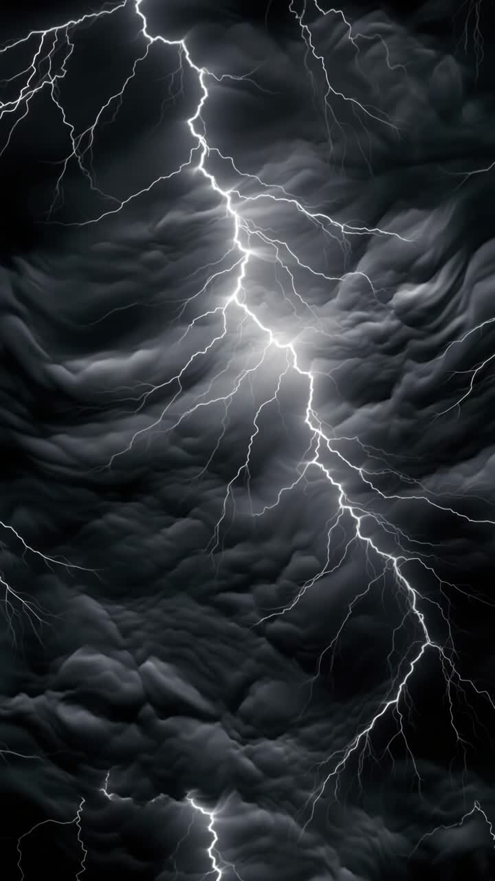 Drammatico scatto dall'alto di un fulmine che squarcia nuvole scure di tempesta, catturando l'intensa energia