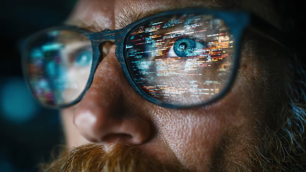 A Close-Up View of Focused Eyes Behind Glasses, Reflecting Streams of Data and Code, Capturing a Moment of Intense Concentration and Digital Engagement