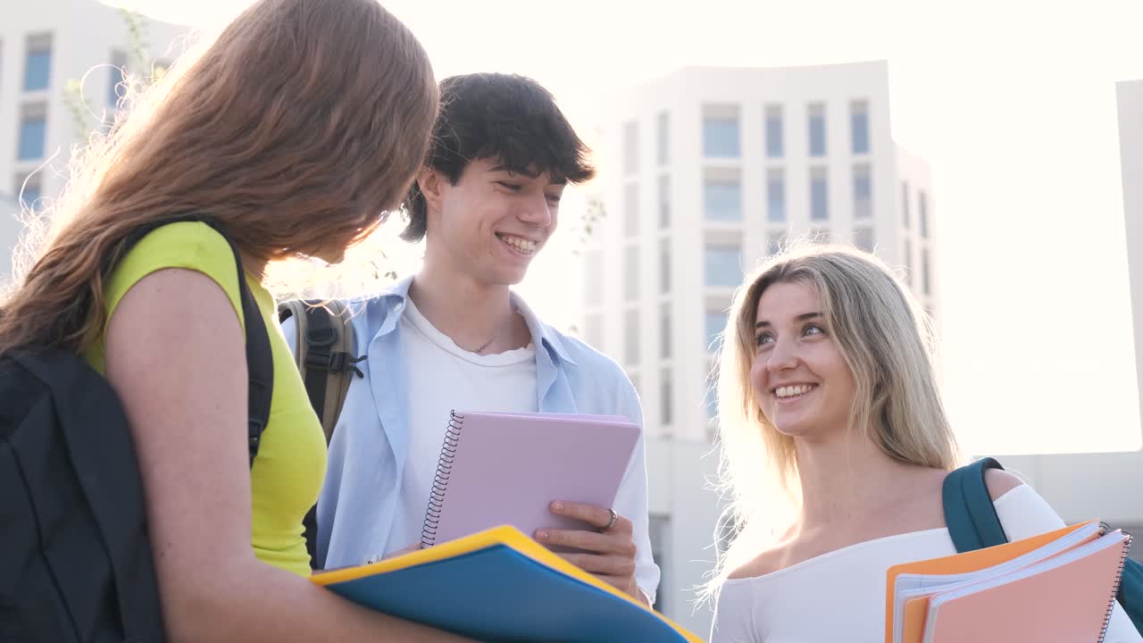 Happy university students discussing project on campus