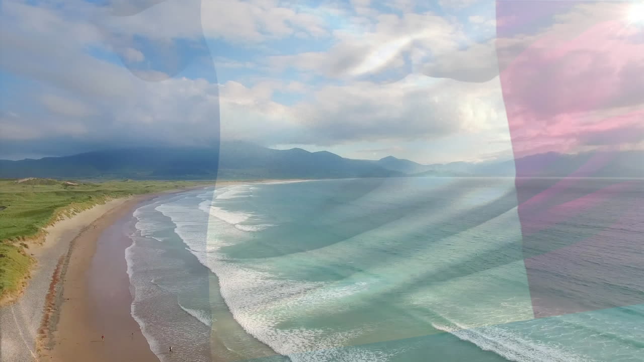 animación de la bandera de francia soplando sobre el paisaje de la playa