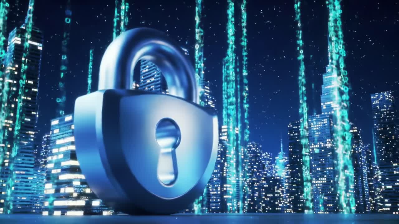 A Stunning Visual Representation of Cybersecurity and Data Protection with a Lock Surrounded by Glowing Binary Codes Against a Digital Cityscape Background