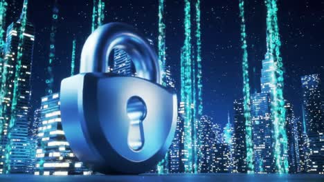 a stunning visual representation of cybersecurity and data protection with a lock surrounded by glowing binary codes against a digital cityscape background