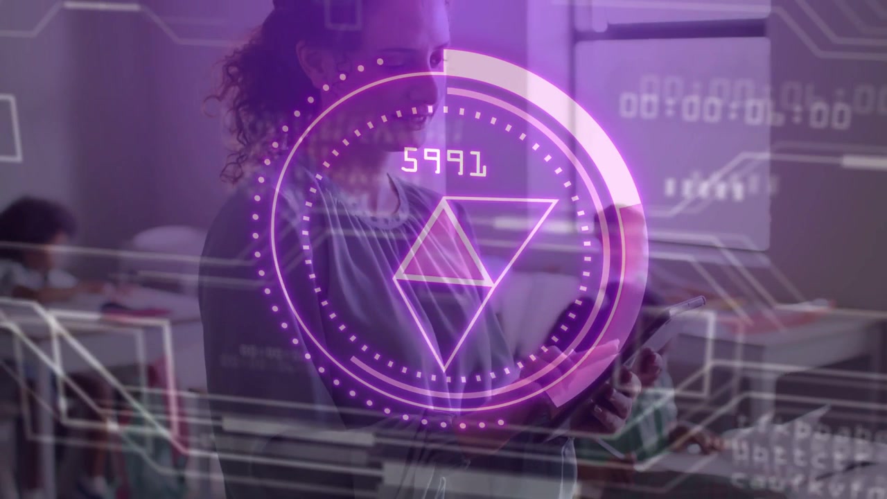 Teacher tapping tablet in class causing purple AR changing numbers and rotating prism showing score