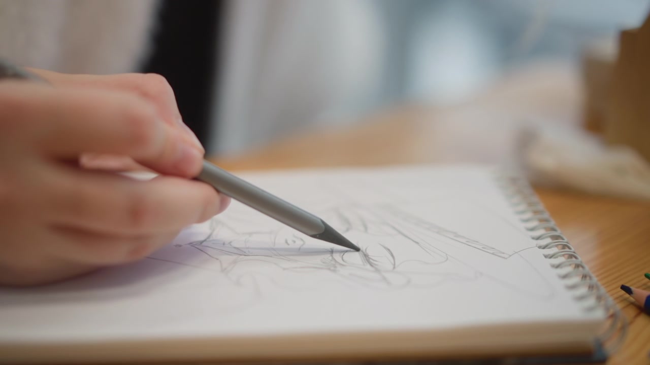 Close-up van een hand die een potlood vasthoudt en schetst in een spiraalgebonden notitieboekje, met zichtbare beweging door grafietschakering, actief lijnwerk en gerichte creatieve beweging over de pagina in zacht natuurlijk licht.