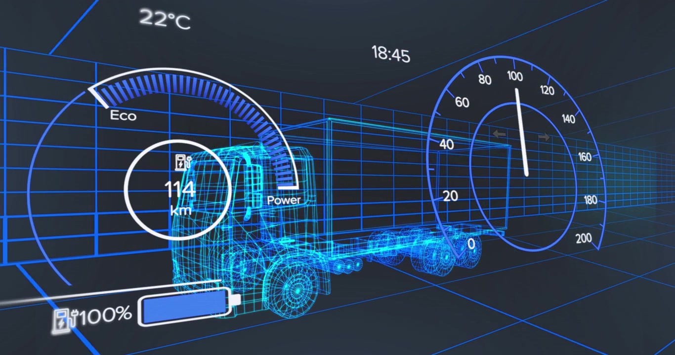 Animazione di interfaccia digitale per auto e elaborazione dati su modello 3D di auto