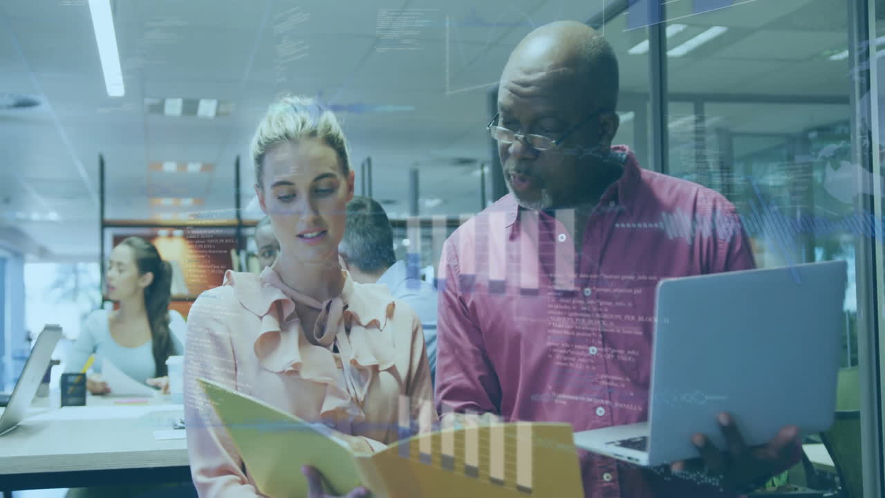 Animation of financial data processing over diverse business people in office