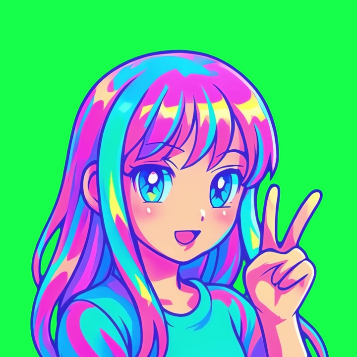 Lebhaftes Anime-Mädchen mit bunten Haaren macht Friedenszeichen