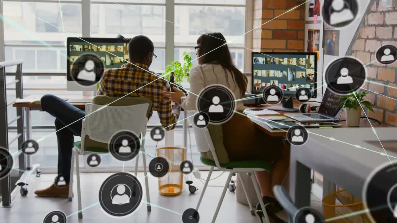 animación de la red de conexiones con iconos sobre diversas personas de negocios hablando